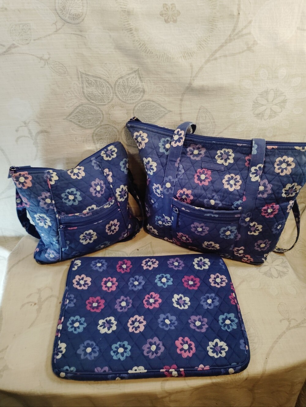 Vera Bradley 3pc Navy Quilted Floral Tote, Crossbody Bag and Laptop Sleeve Set
